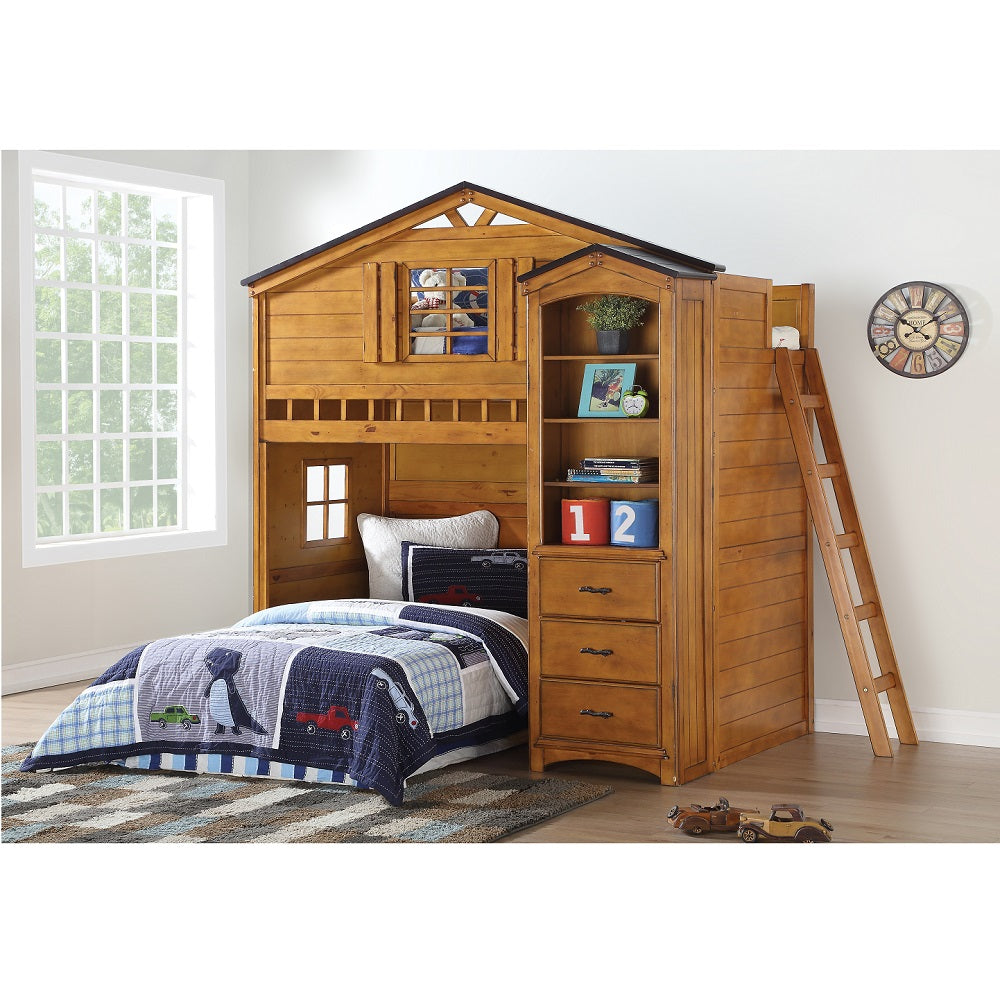 Tree Rustic Oak Finish House Loft Bed