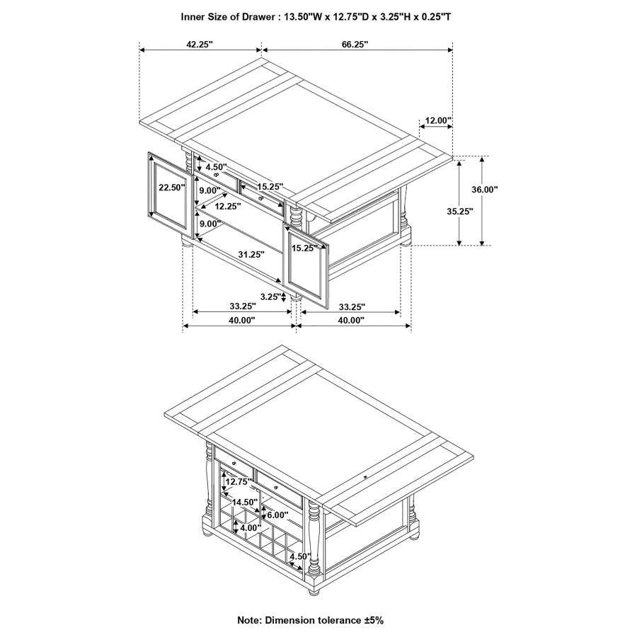 Slater Buttermilk 2-Drawer Drop Leaf Kitchen Island Table