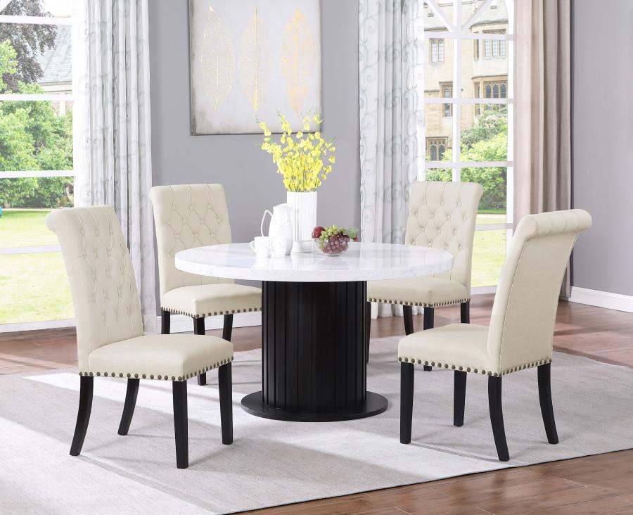 Sherry Rustic Espresso / Beige 5-Piece Round Marble Top Dining Table Set