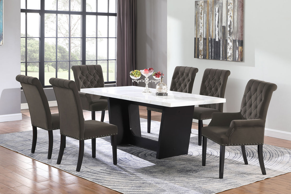 Sherry Rustic Espresso / Brown 7-Piece Rectangular Marble Top Dining Table Set