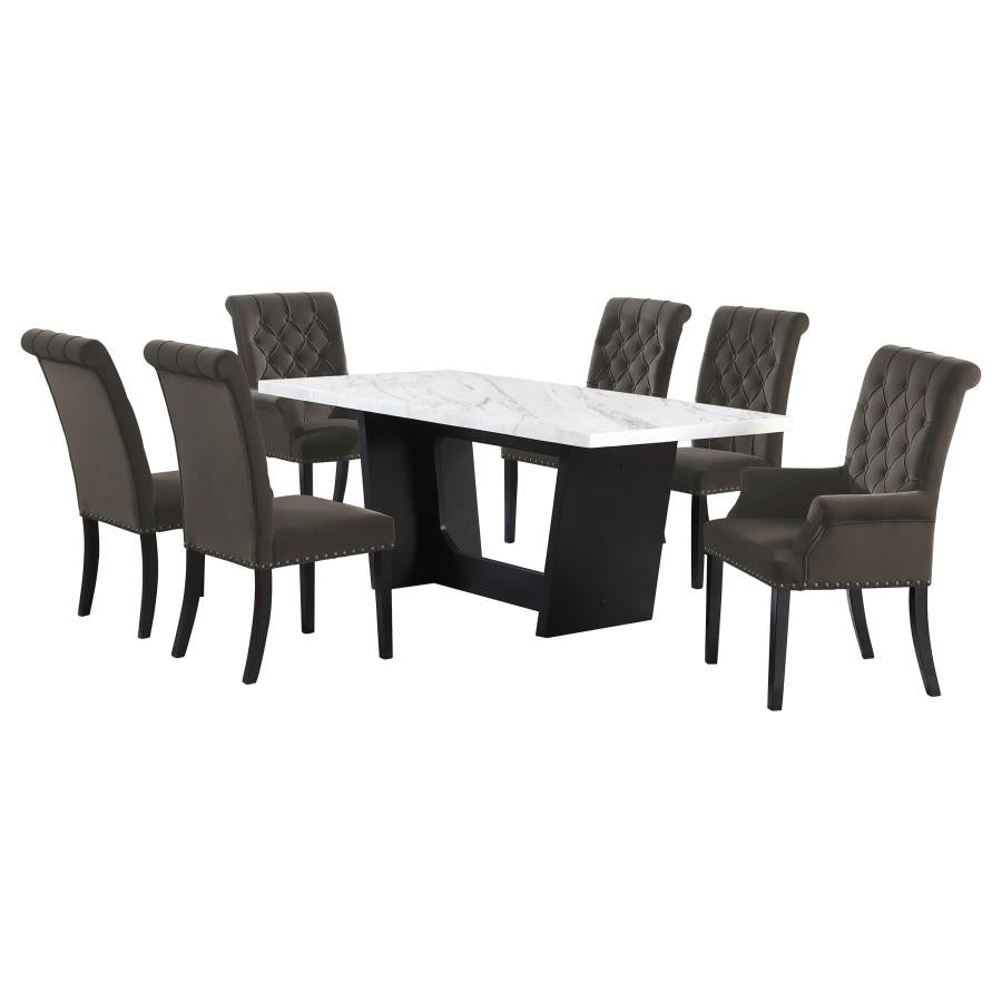 Sherry Rustic Espresso / Brown 7-Piece Rectangular Marble Top Dining Table Set