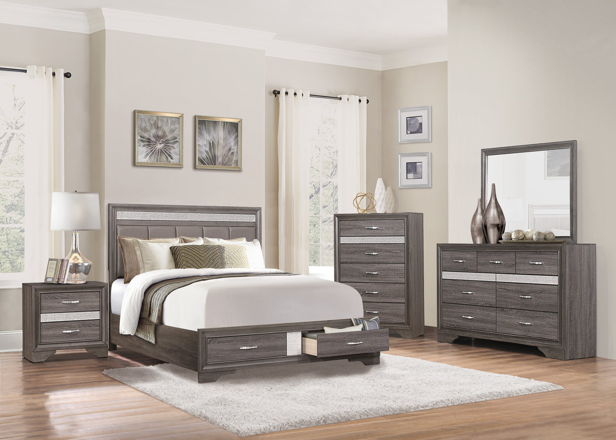 Luster Gray And Silver Glitter California King Platform Bed With Footboard Storage