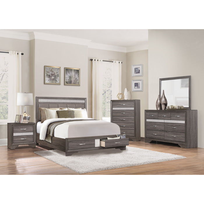 Luster Gray And Silver Glitter Queen Platform Bed With Footboard Storage