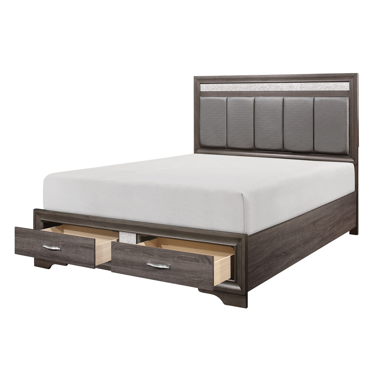 Luster Gray And Silver Glitter Queen Platform Bed With Footboard Storage