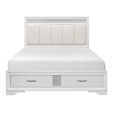 Luster White And Silver Glitter Queen Platform Bed With Footboard Storage