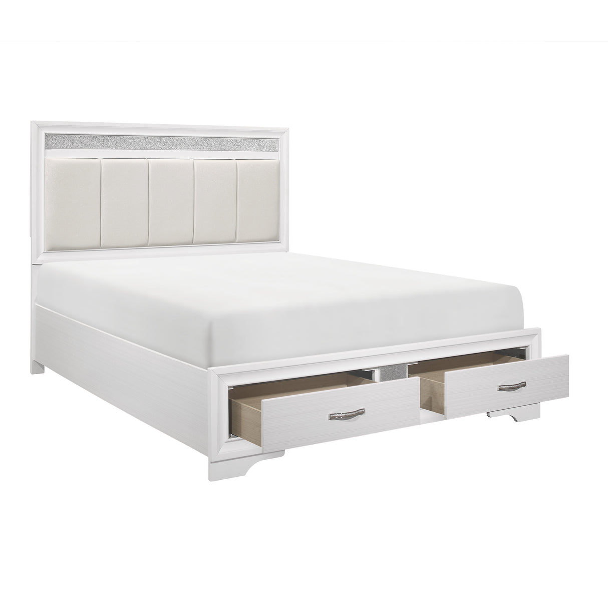 Luster White And Silver Glitter Eastern King Platform Bed With Footboard Storage