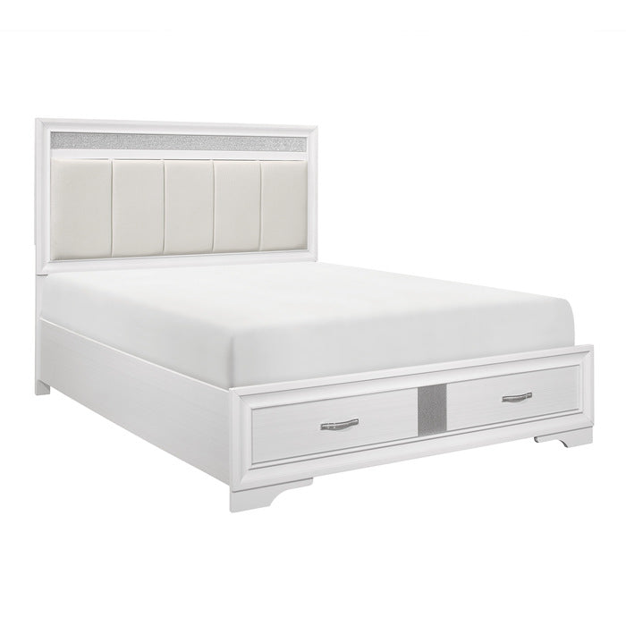 Luster White And Silver Glitter Eastern King Platform Bed With Footboard Storage