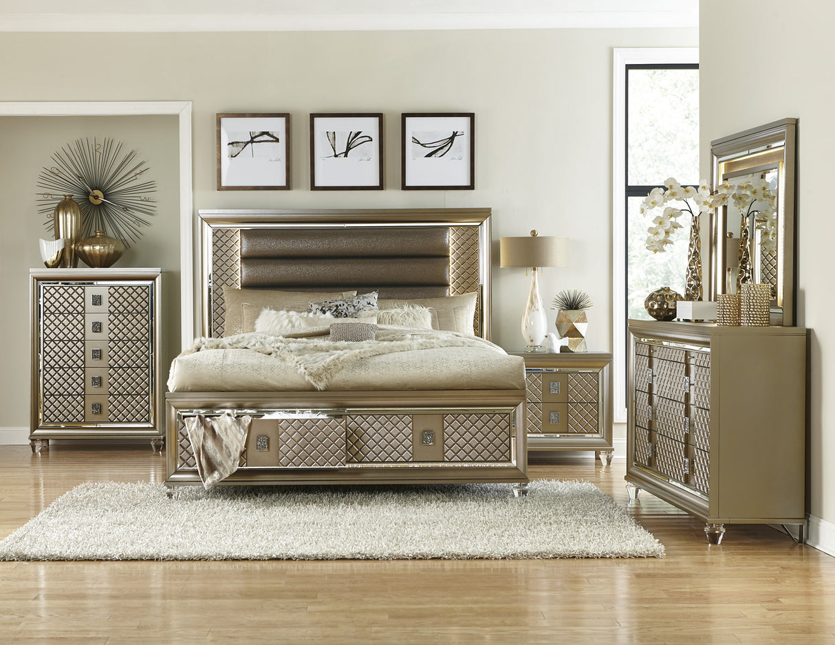 Loudon Champagne Metallic Eastern King Platform Bed With Led Lighting And Storage Footboard