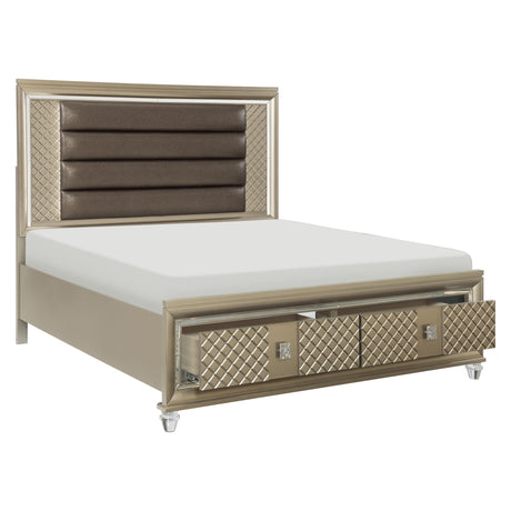 Loudon Champagne Metallic Queen Platform Bed With Led Lighting And Storage Footboard