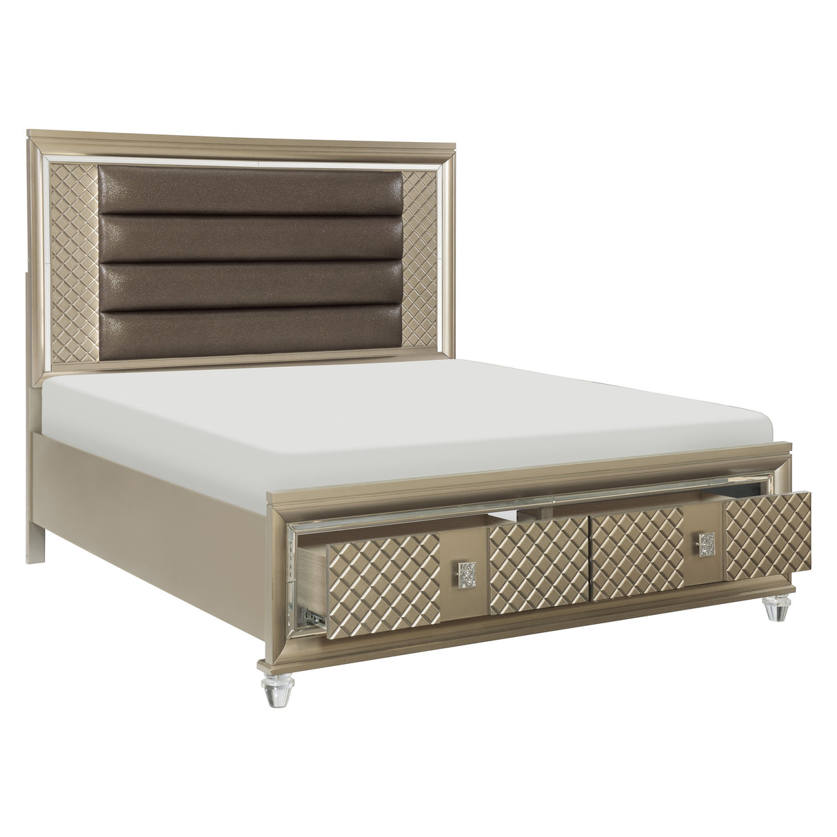 Loudon Champagne Metallic Eastern King Platform Bed With Led Lighting And Storage Footboard