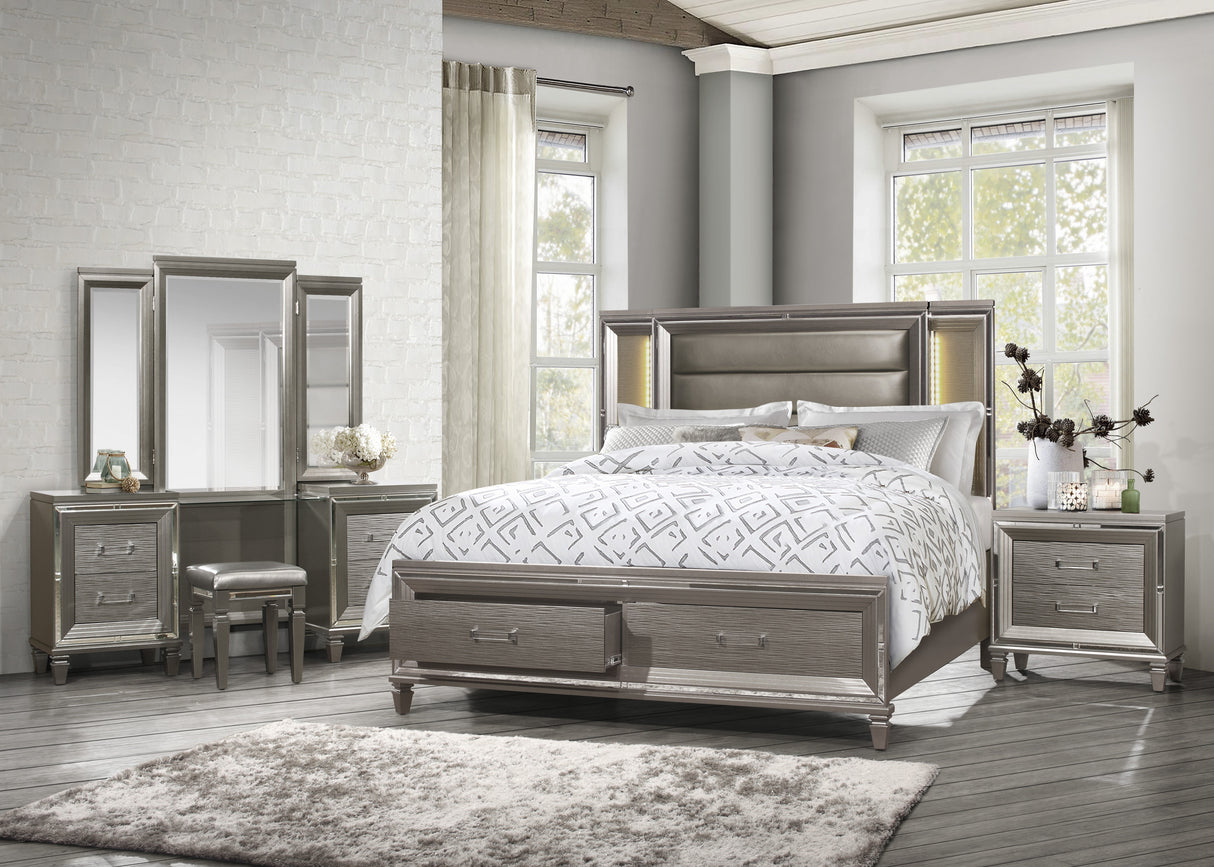 Tamsin Silver-Gray Metallic Eastern King Platform Bed With Footboard Storage, Led Lighting