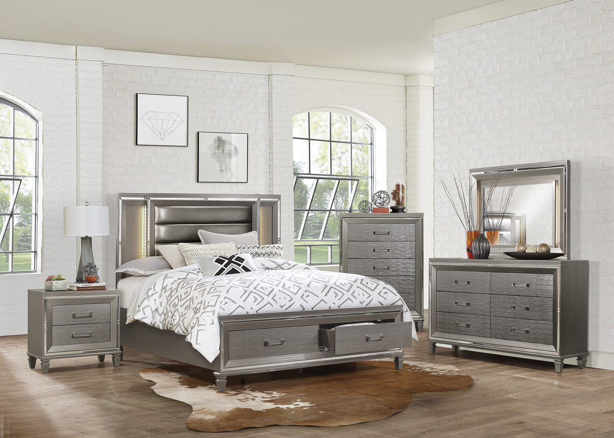 Tamsin Silver-Gray Metallic Queen Platform Bed With Footboard Storage, Led Lighting