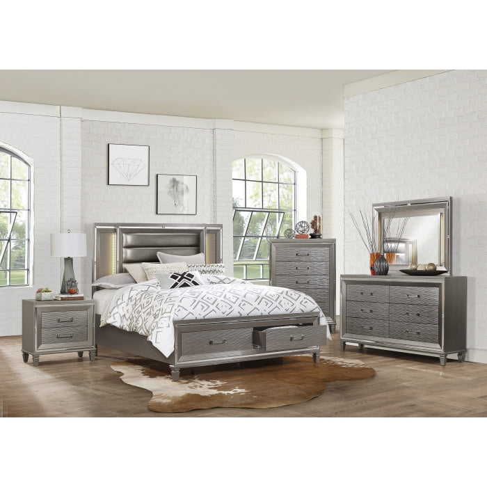 Tamsin Silver-Gray Metallic Queen Platform Bed With Footboard Storage, Led Lighting