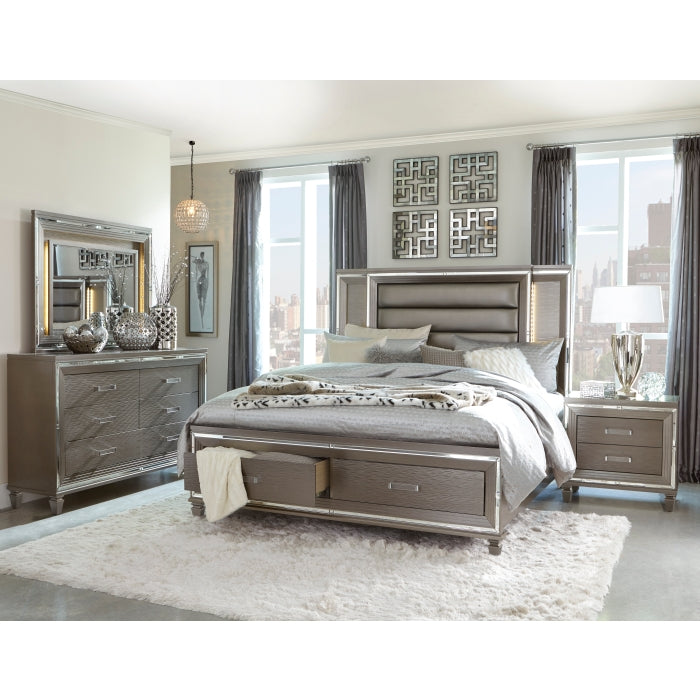 Tamsin Silver-Gray Metallic Eastern King Platform Bed With Footboard Storage, Led Lighting