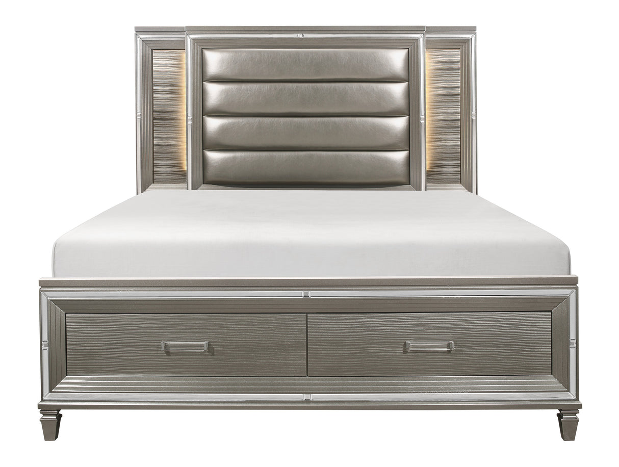 Tamsin Silver-Gray Metallic Queen Platform Bed With Footboard Storage, Led Lighting