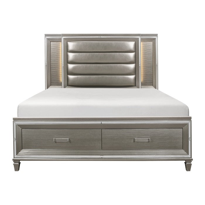 Tamsin Silver-Gray Metallic Queen Platform Bed With Footboard Storage, Led Lighting