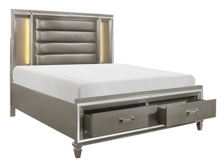 Tamsin Silver-Gray Metallic Queen Platform Bed With Footboard Storage, Led Lighting