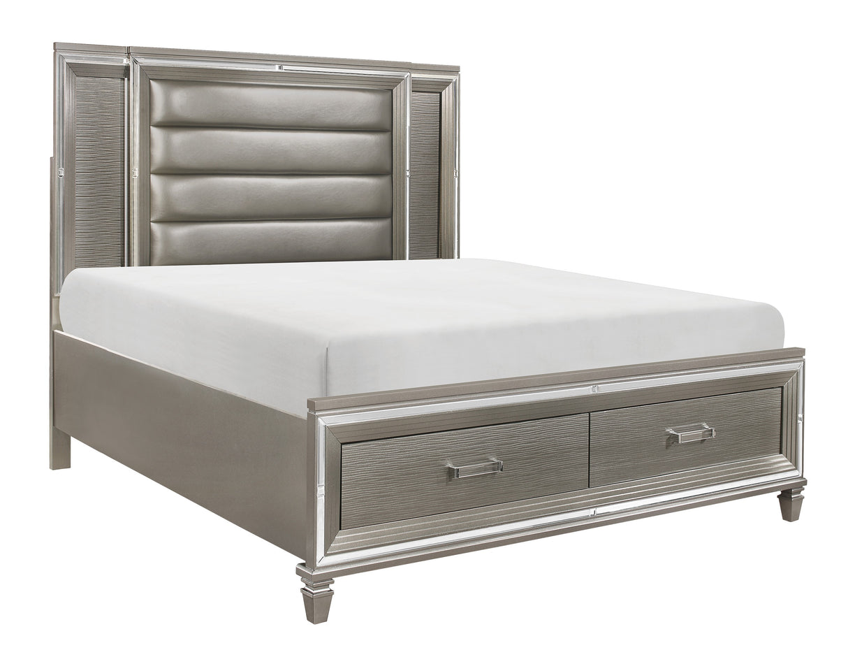 Tamsin Silver-Gray Metallic Queen Platform Bed With Footboard Storage, Led Lighting