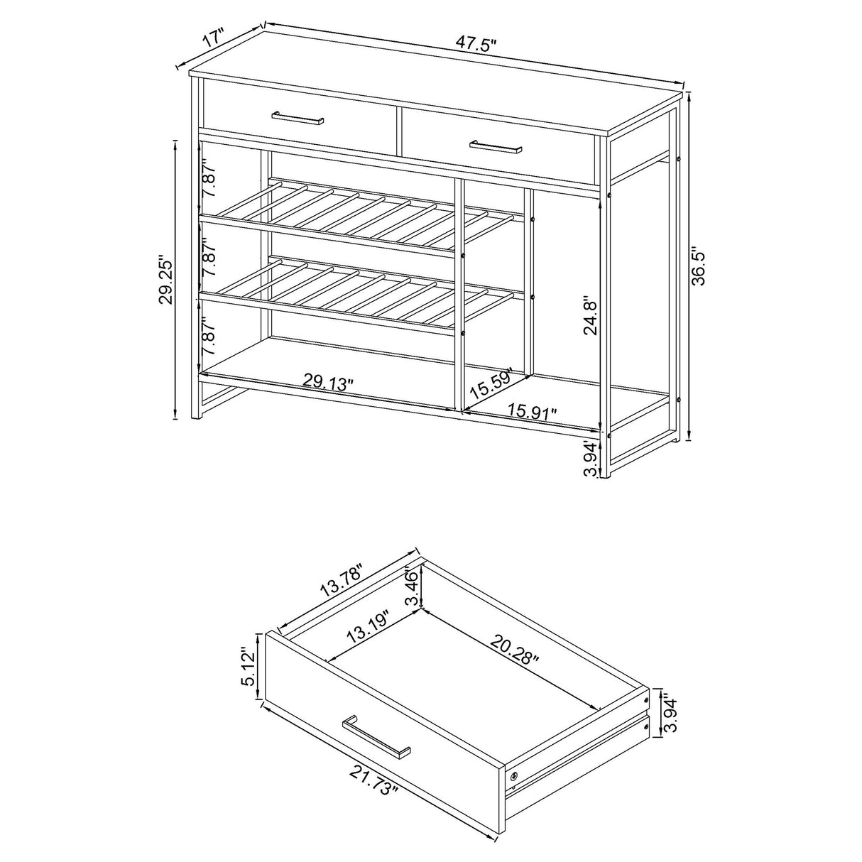 Melrose 2-drawer Home Bar Storage with Wine Rack Grey