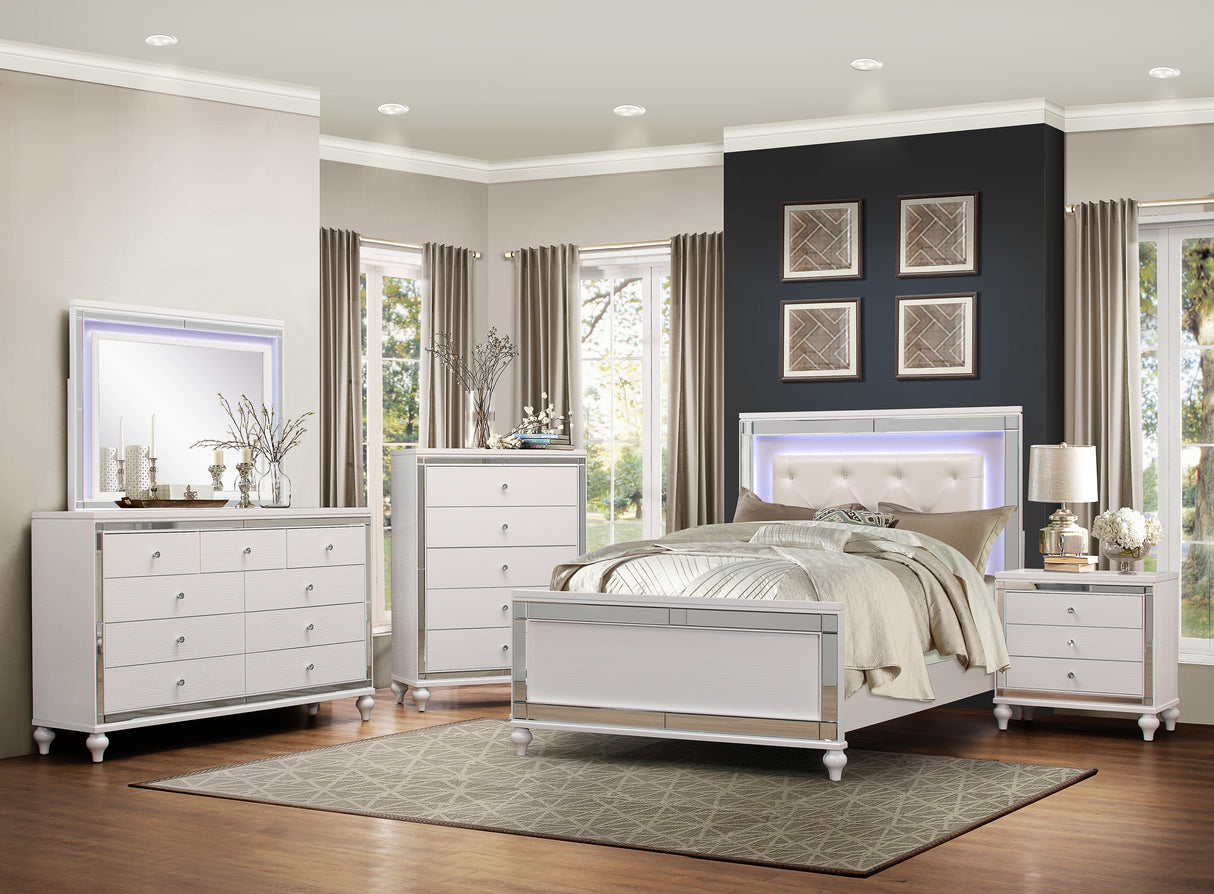 Alonza Metallic White Eastern King Bed, Led Lighting