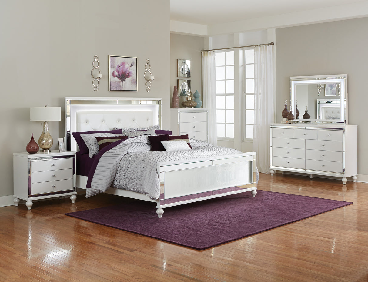 Alonza Metallic White Eastern King Bed, Led Lighting