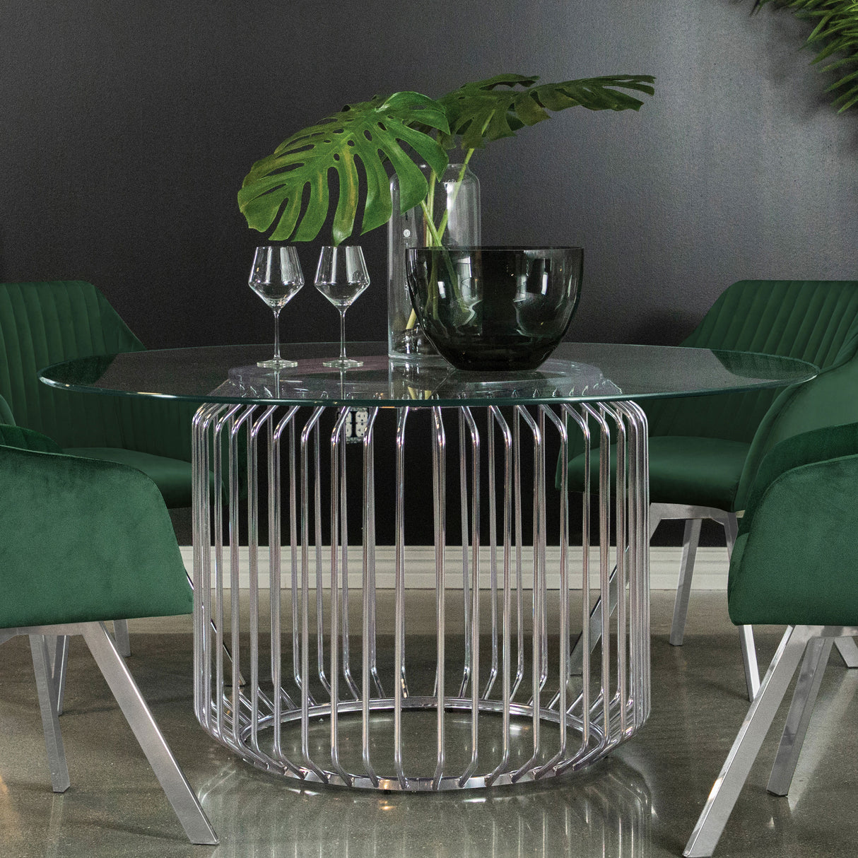 Veena Chrome Round 60-Inch Glass Top Metal Dining Table