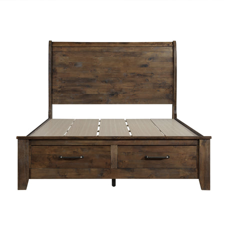 Jerrick Burnished Brown Queen Sleigh Platform Bed With Footboard Storage