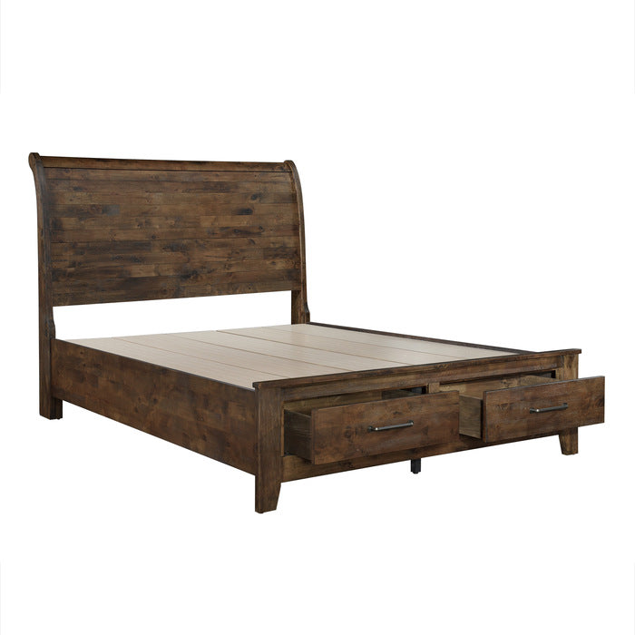 Jerrick Burnished Brown California King Sleigh Platform Bed With Footboard Storage