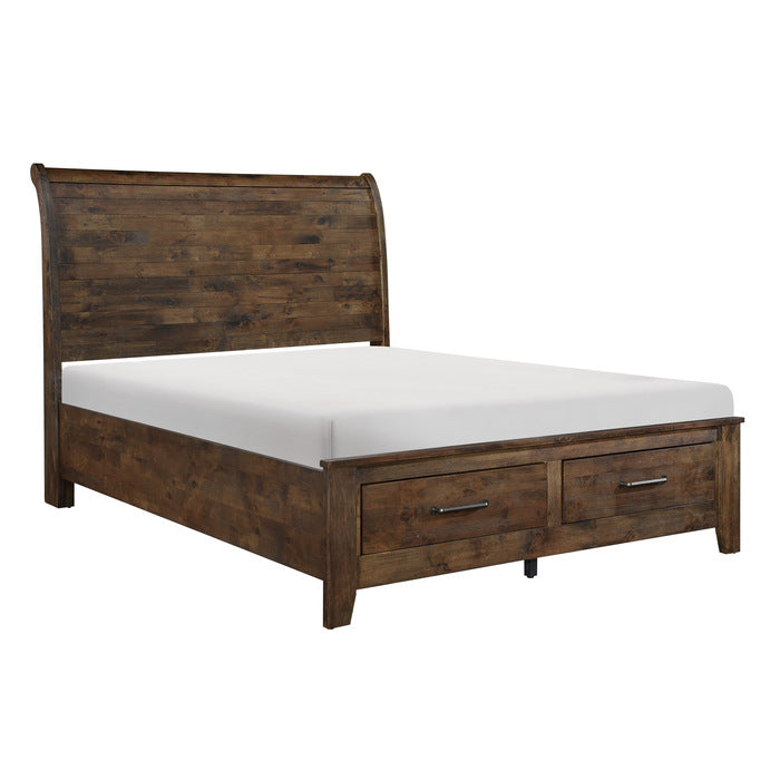 Jerrick Burnished Brown Queen Sleigh Platform Bed With Footboard Storage