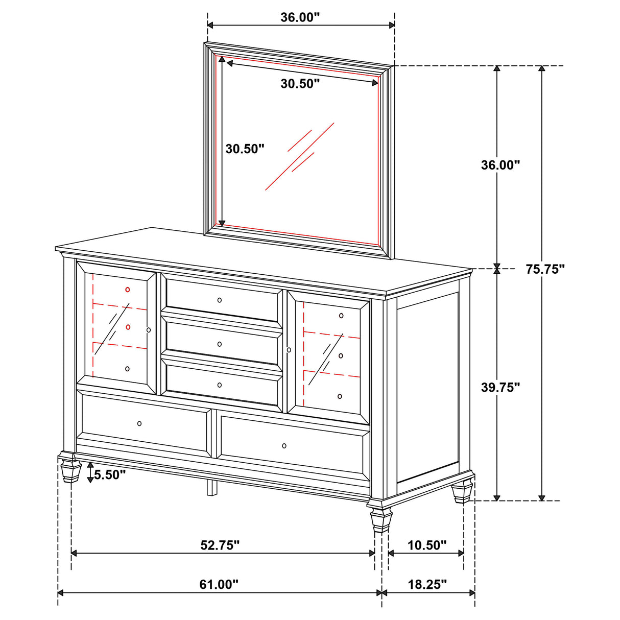 Sandy Beach Cream White 11-Drawer Dresser With Mirror