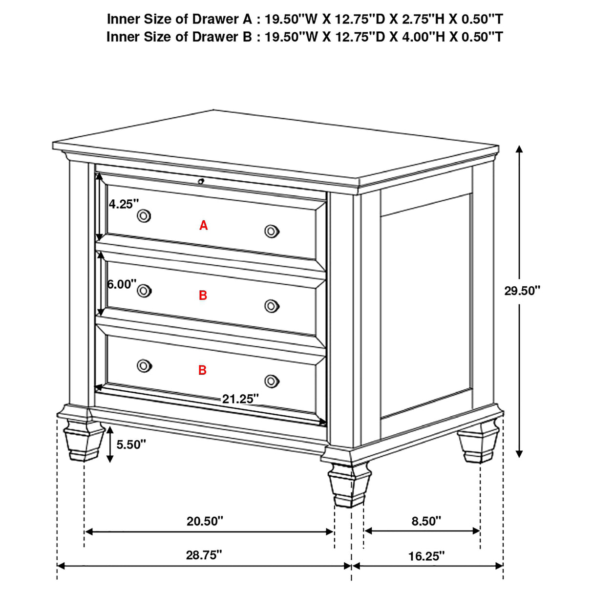 Sandy Beach 3-Drawer Nightstand Black