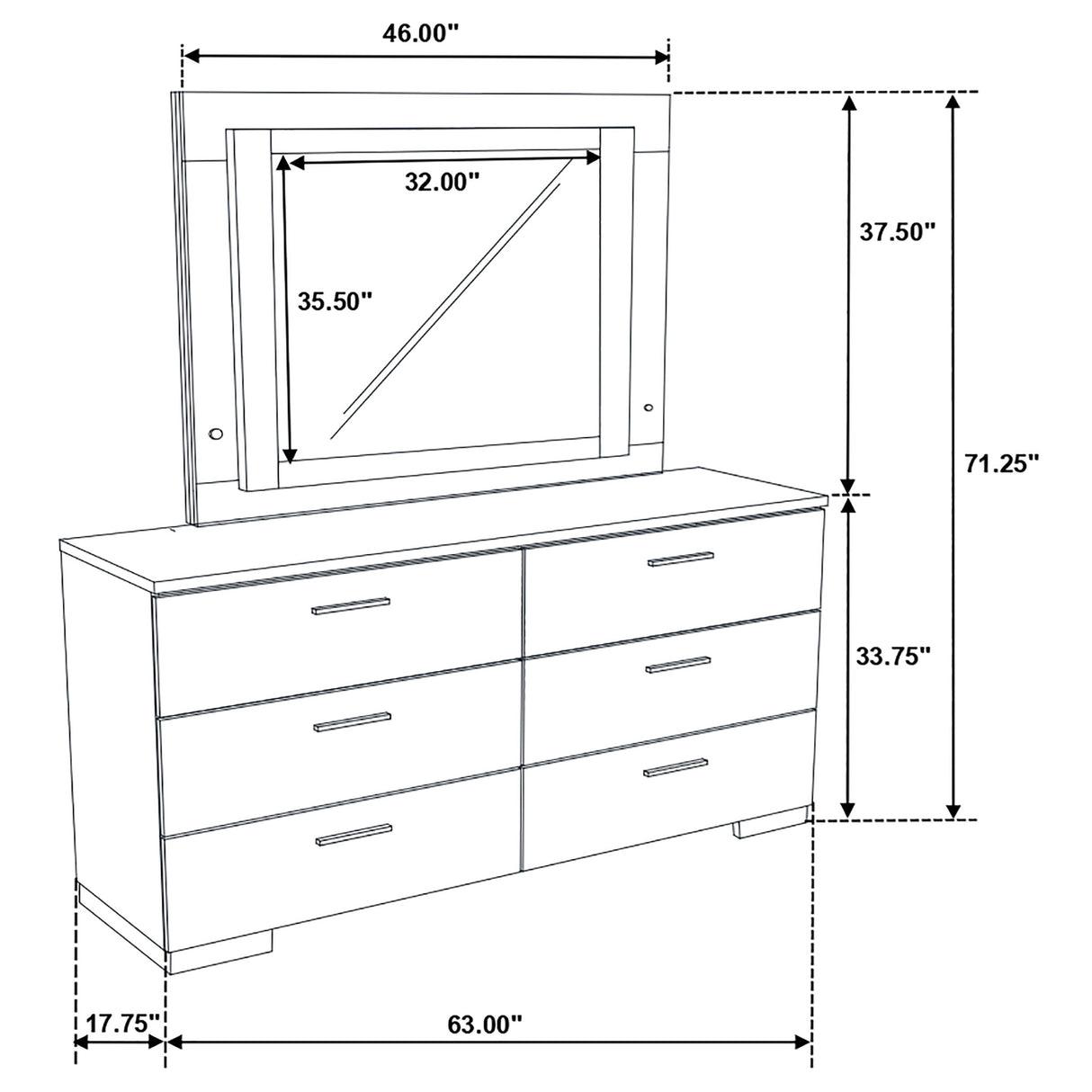 Felicity White High Gloss 6-Drawer Dresser With Led Mirror