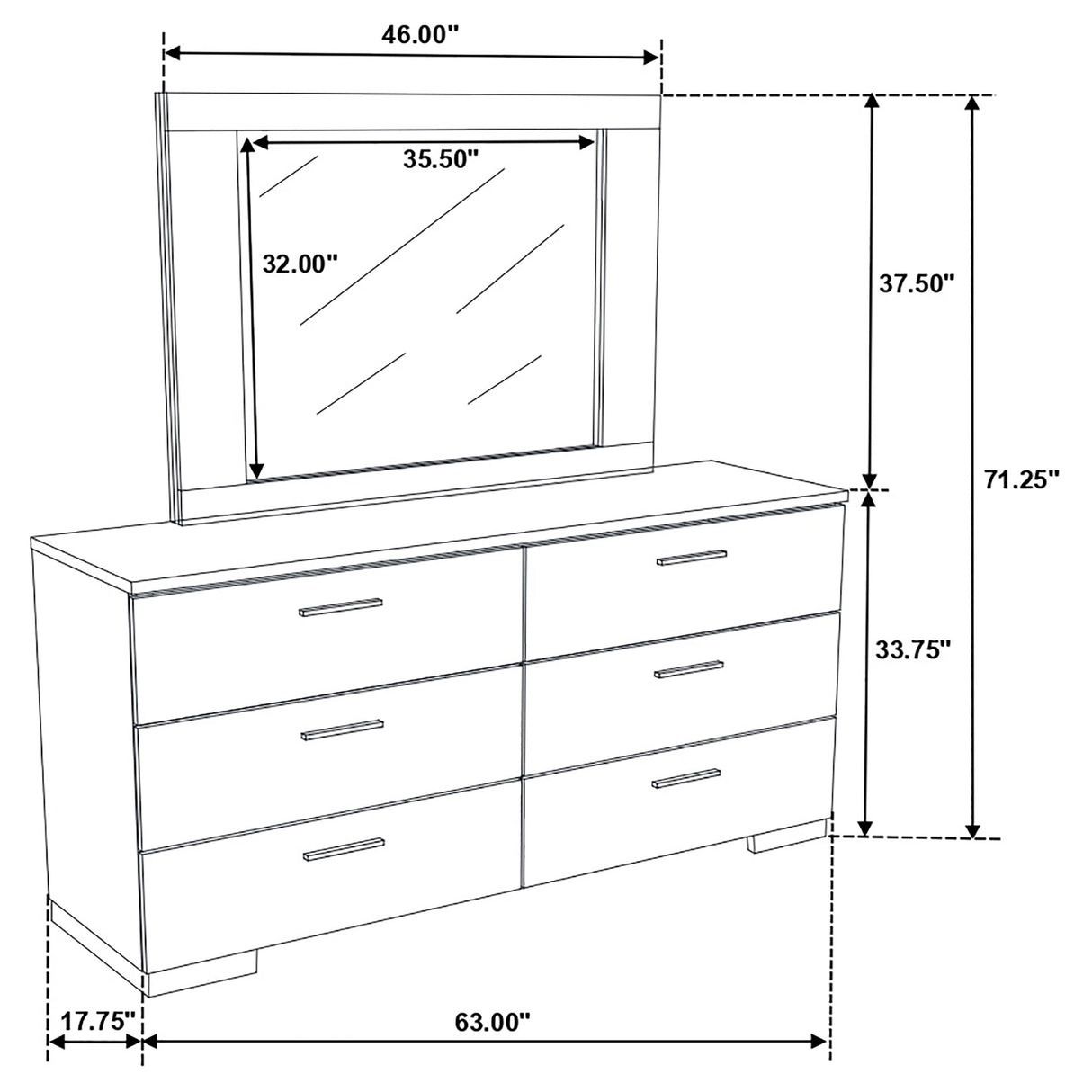 Felicity White High Gloss 6-Drawer Wood Dresser With Mirror