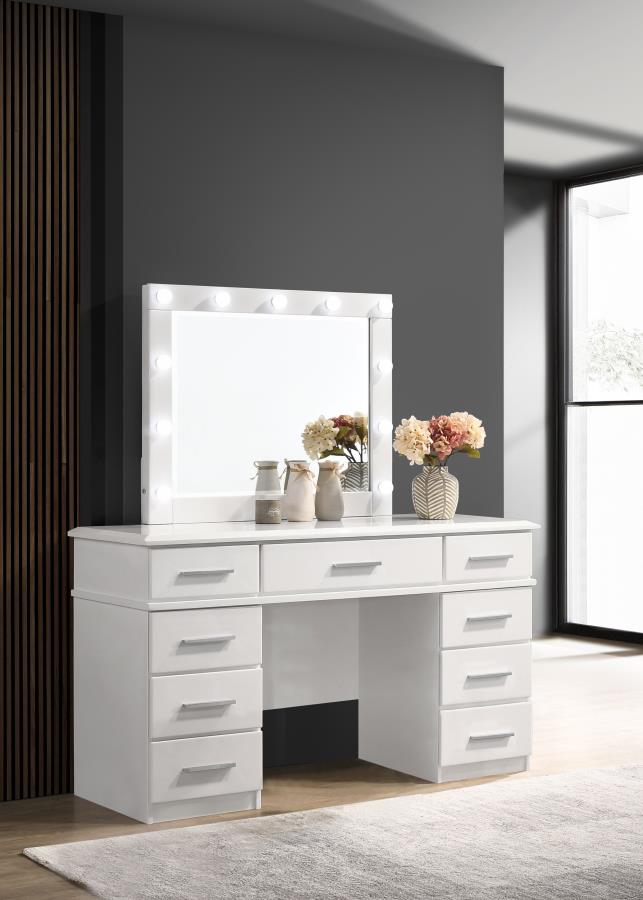 Felicity White High Gloss 9-Drawer Vanity Table Lighted Mirror Glossy