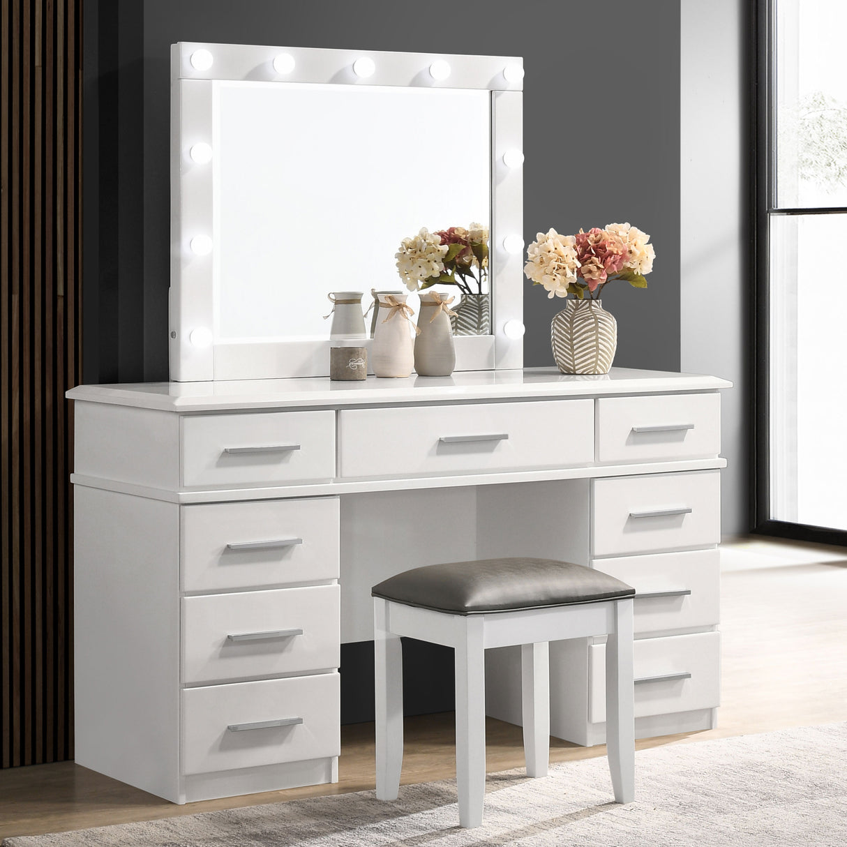 Felicity White High Gloss 9-Drawer Vanity Table Lighted Mirror Glossy