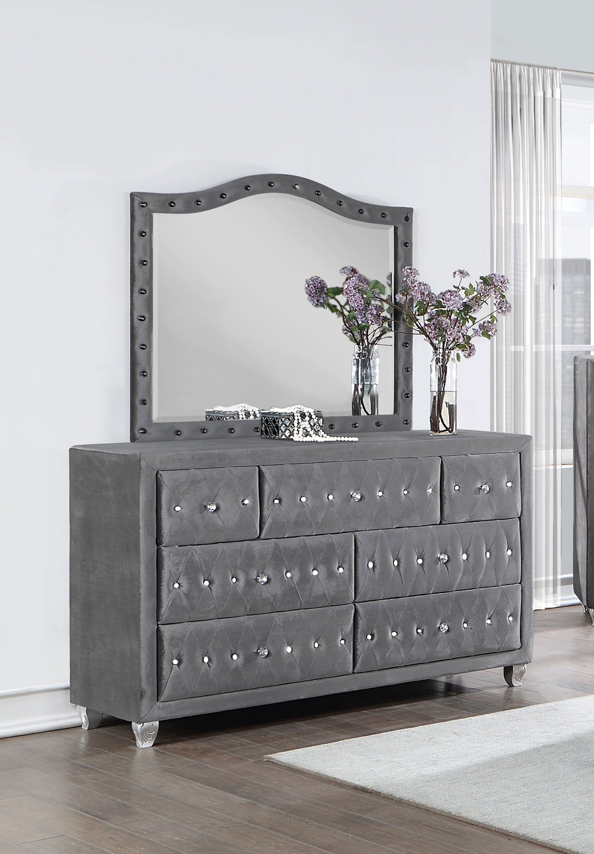 Deanna Grey 7-Drawer Upholstered Dresser With Mirror