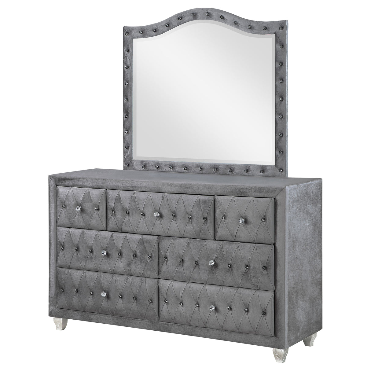 Deanna Grey 7-Drawer Upholstered Dresser With Mirror