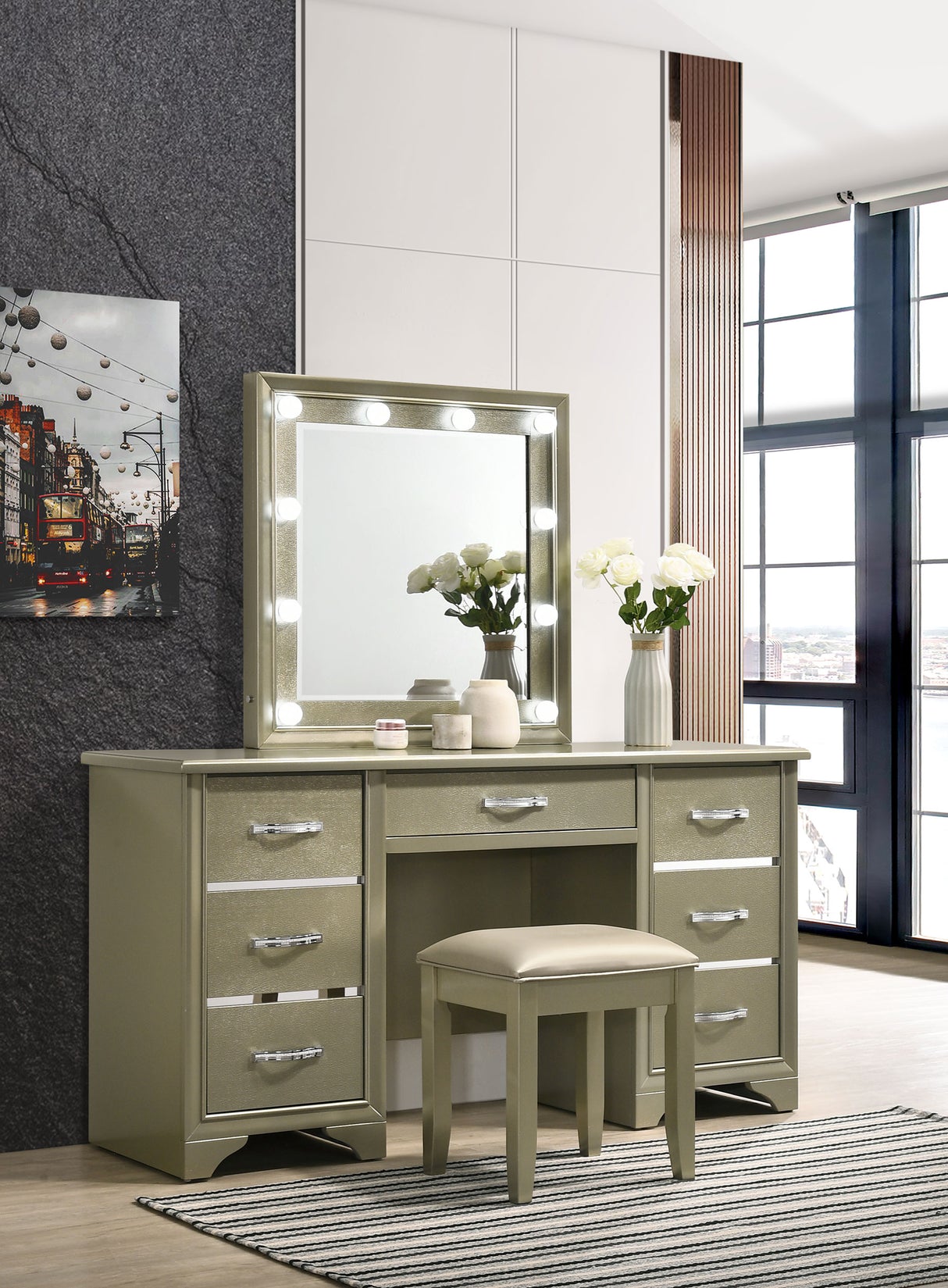 Beaumont Champagne 7-Drawer Vanity Set With Lighting