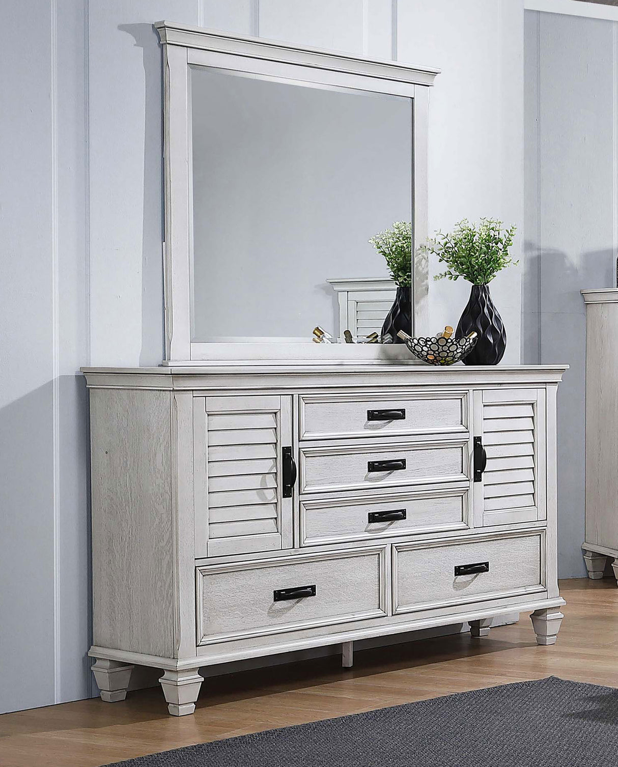 Franco Distressed White 5-Drawer Dresser With Mirror