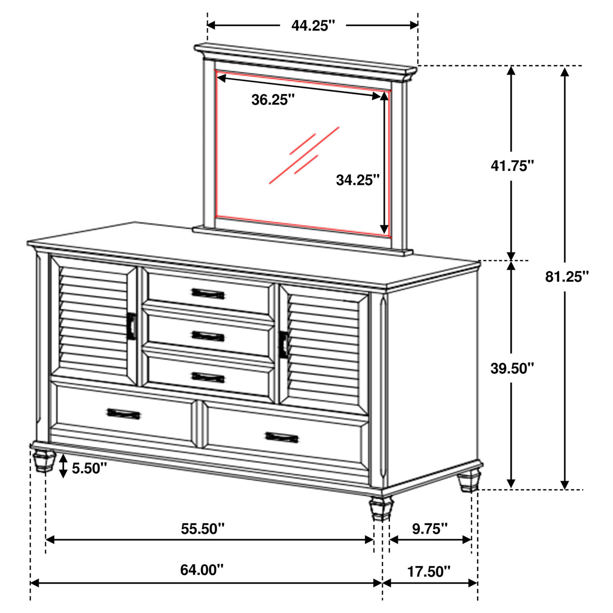 Franco Distressed White 5-Drawer Dresser With Mirror