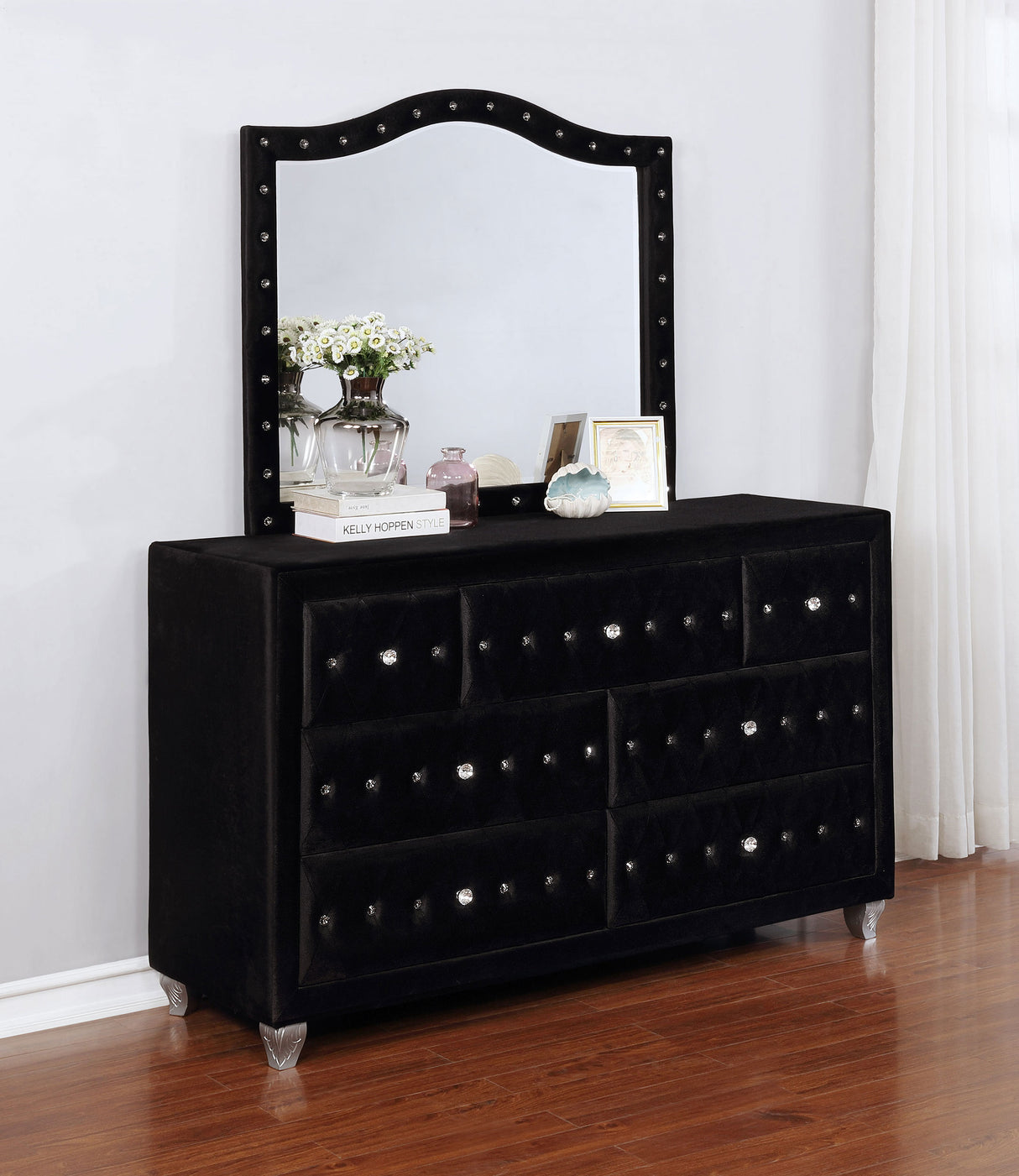 Deanna Black 7-Drawer Upholstered Dresser With Mirror