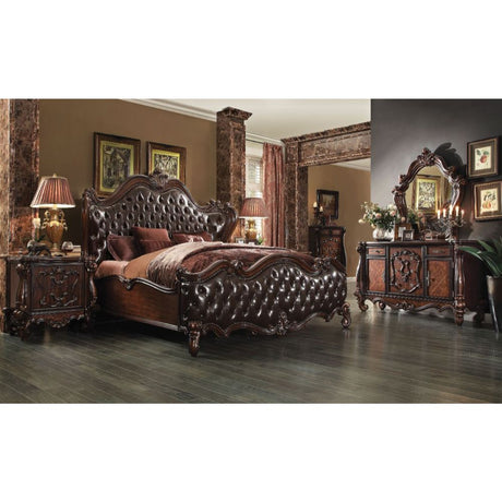 Versailles Two Tone Dark Brown Synthetic Leather & Cherry Oak Finish Eastern King Bed