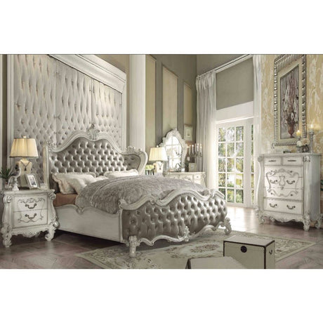 Versailles Vintage Gray Synthetic Leather & Bone White Finish Eastern King Bed