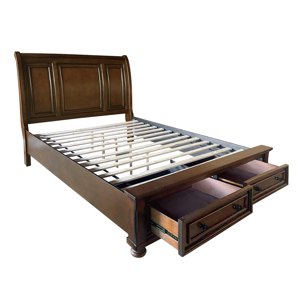 Cumberland Brown Cherry Queen Sleigh Platform Bed With Footboard Storage