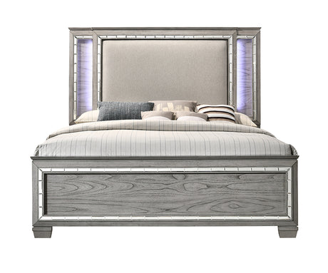 Antares Fabric & Light Gray Oak Finish Eastern King Bed