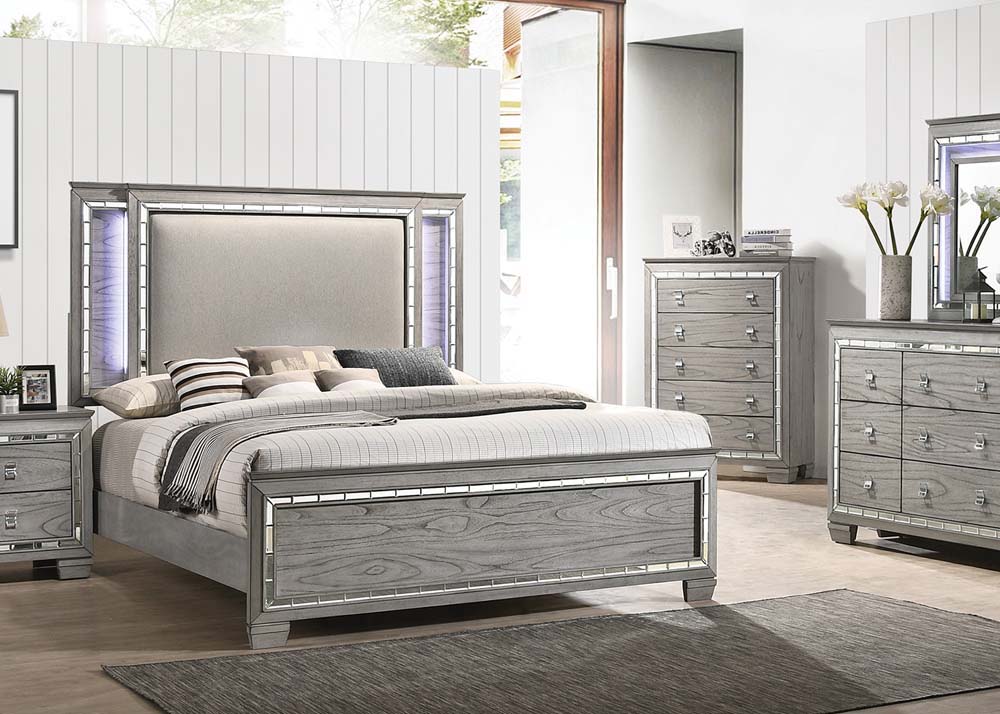 Antares Fabric & Light Gray Oak Finish Eastern King Bed