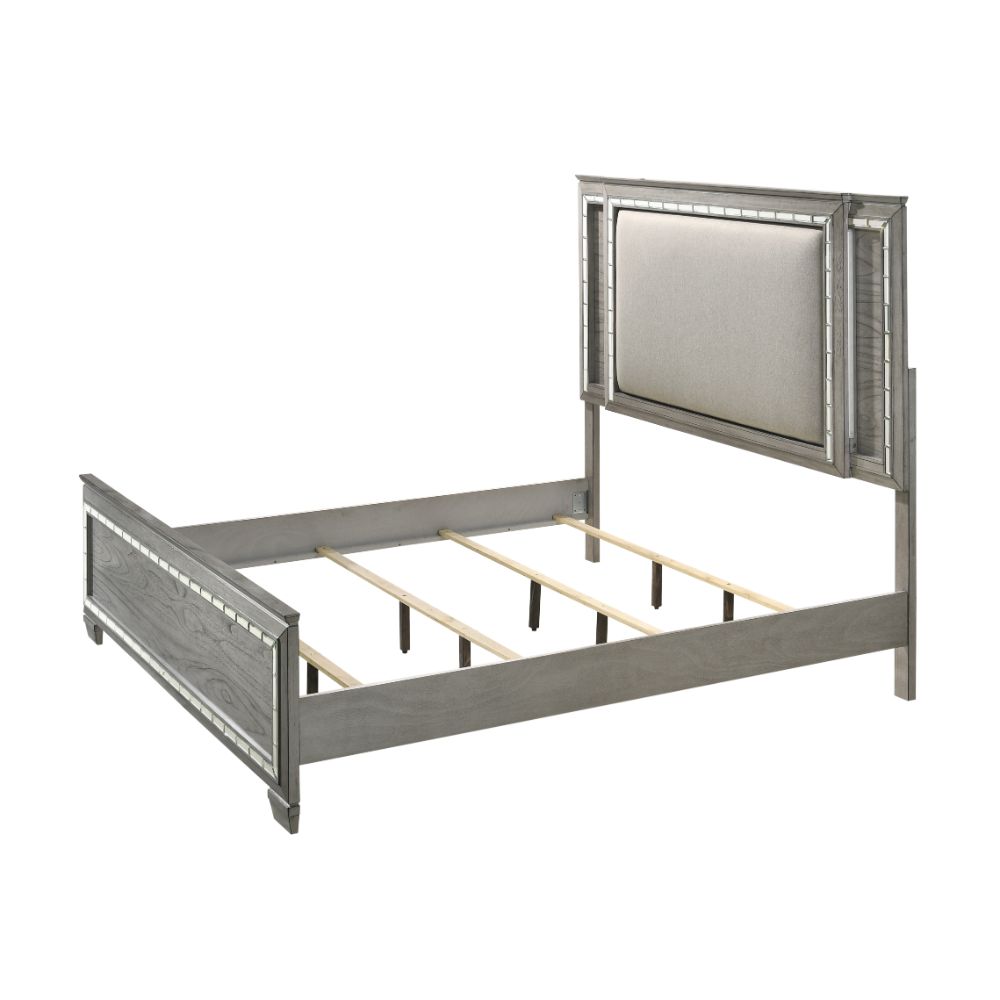 Antares Fabric & Light Gray Oak Finish Queen Bed