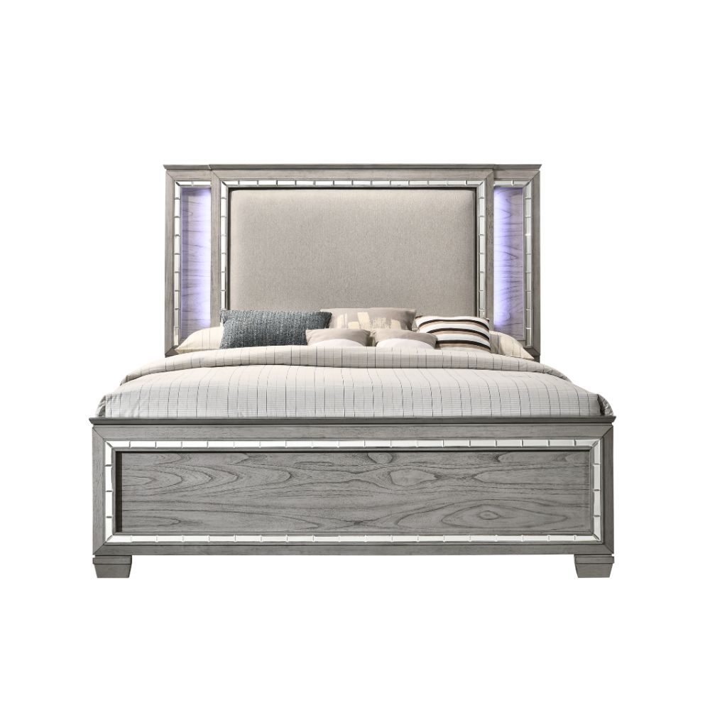 Antares Fabric & Light Gray Oak Finish Queen Bed