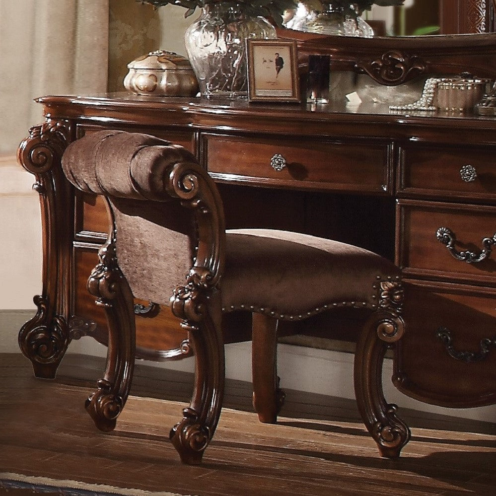 Vendome Fabric & Cherry Finish Vanity Stool