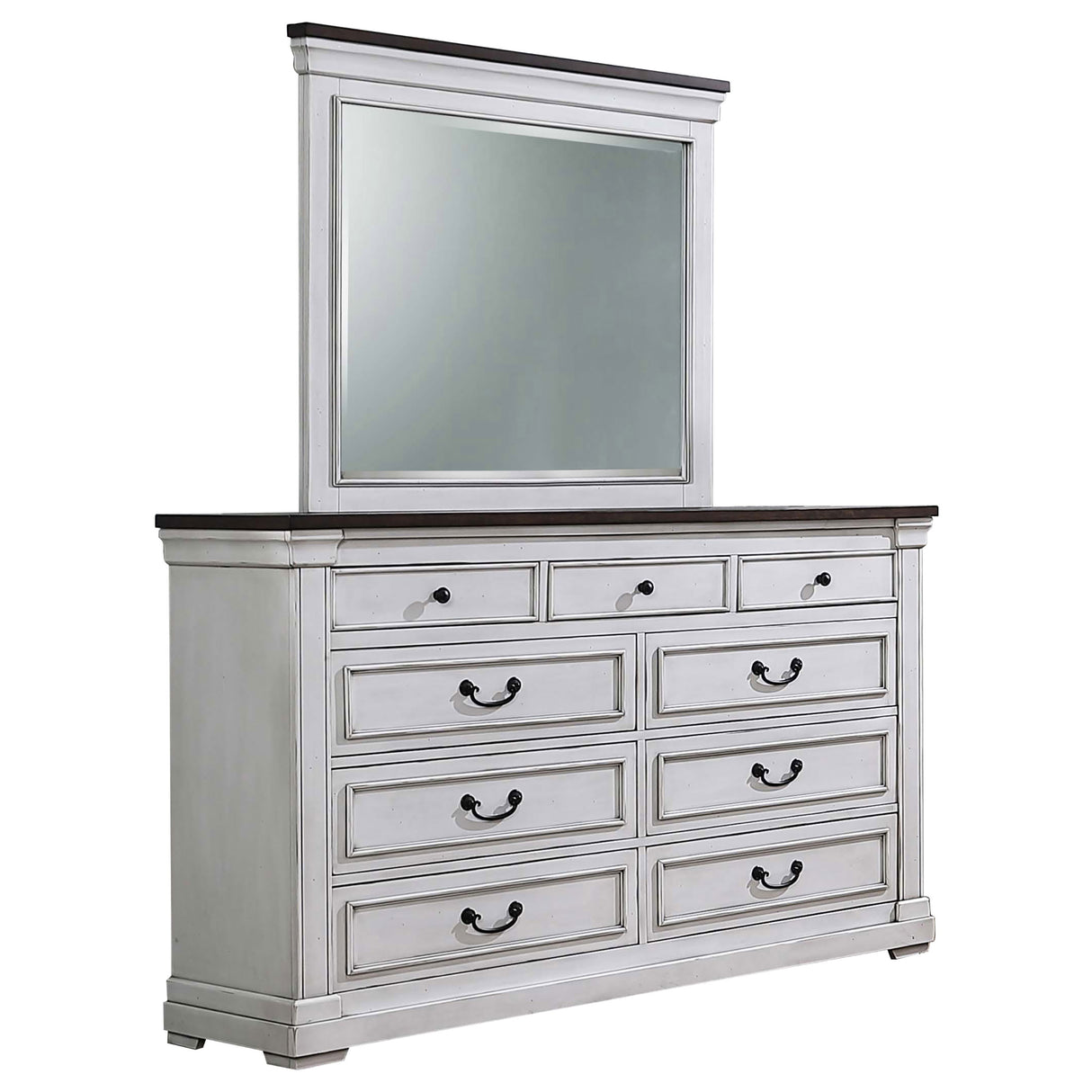 Hillcrest Distressed White 9-Drawer Dresser With Mirror